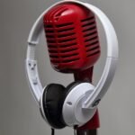 Close-up of a red vintage microphone with white headphones against a gray background.