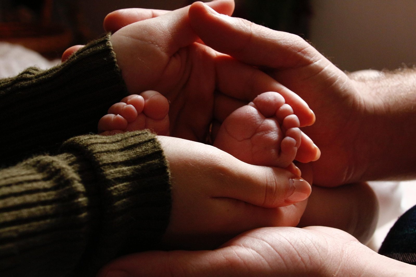 Close-up of baby feet held by adult hands, symbolizing family love and care.